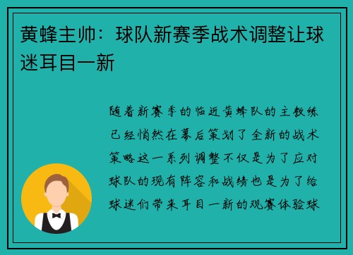 黄蜂主帅：球队新赛季战术调整让球迷耳目一新